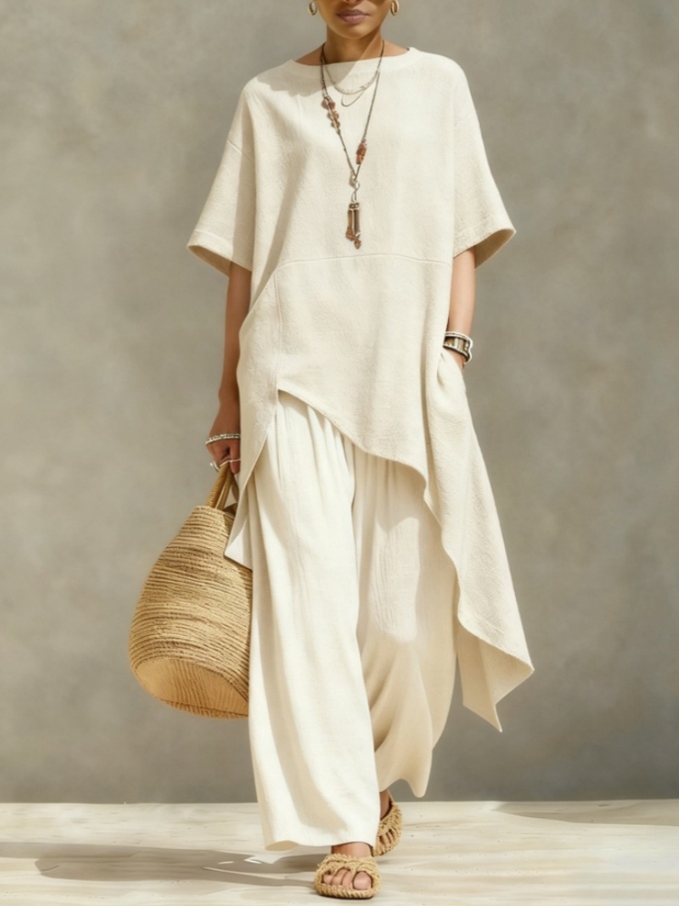 Linen Pant Wide - طقم نسائي من قطعتين من القطن