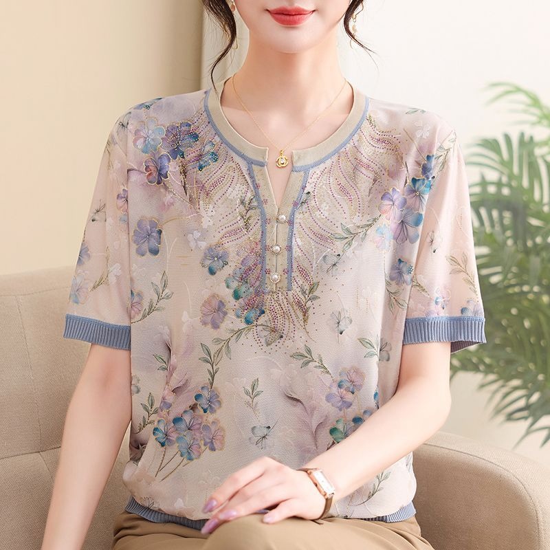 Romper Floral Print - بلوزة أنيقة للنساء من الحرير الجليدي،