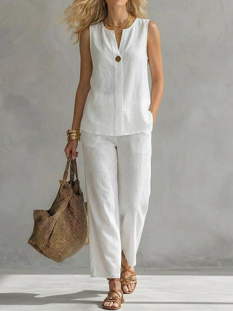 Linen Pant Wide - طقم من قطعتين بدون أكمام بزر