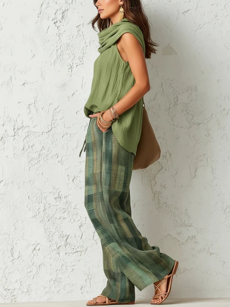 طقم نسائي صيفي جديد من قطعتين، - مراجعة Linen Pant Wide وسعره