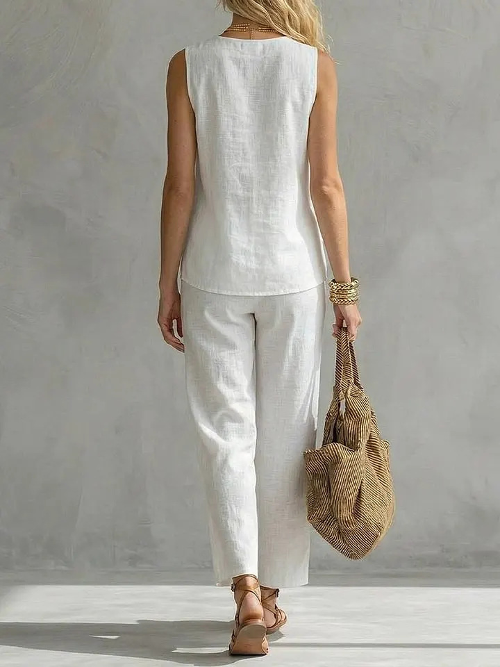 طقم من قطعتين بدون أكمام بزر و - مراجعة Linen Pant Wide وسعره