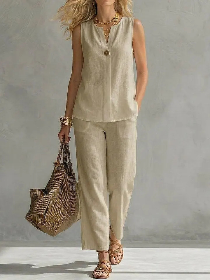 طقم من قطعتين بدون أكمام بزر و - مراجعة Linen Pant Wide وسعره