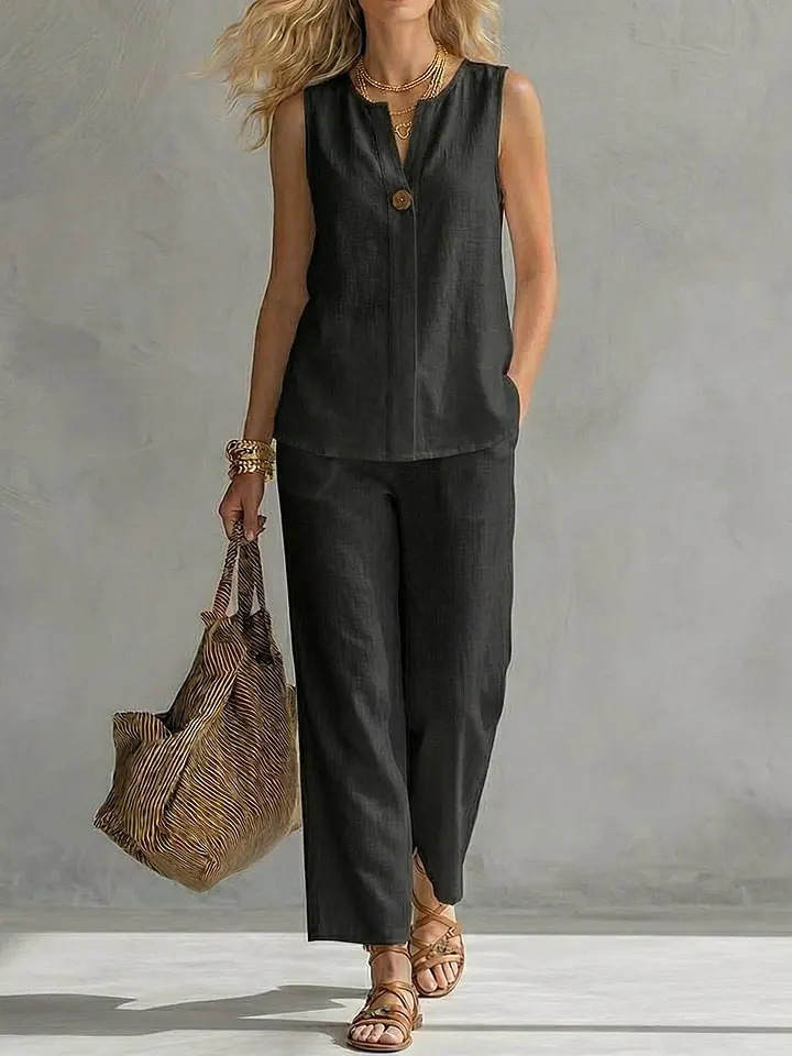 طقم من قطعتين بدون أكمام بزر و - مراجعة Linen Pant Wide وسعره
