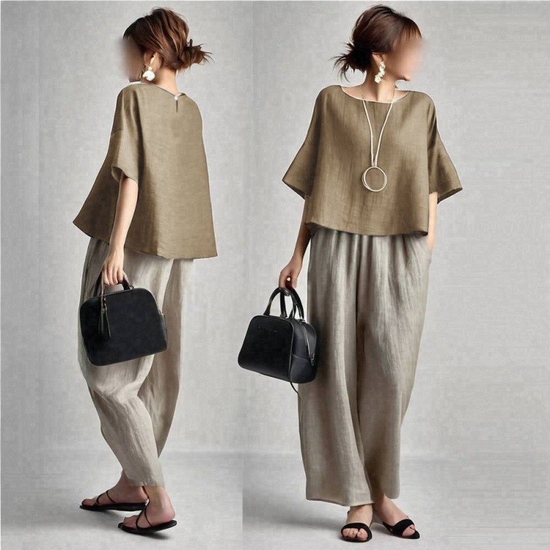 طقم نسائي من قطعتين، بلون موحد - مراجعة Linen Pant Wide وسعره